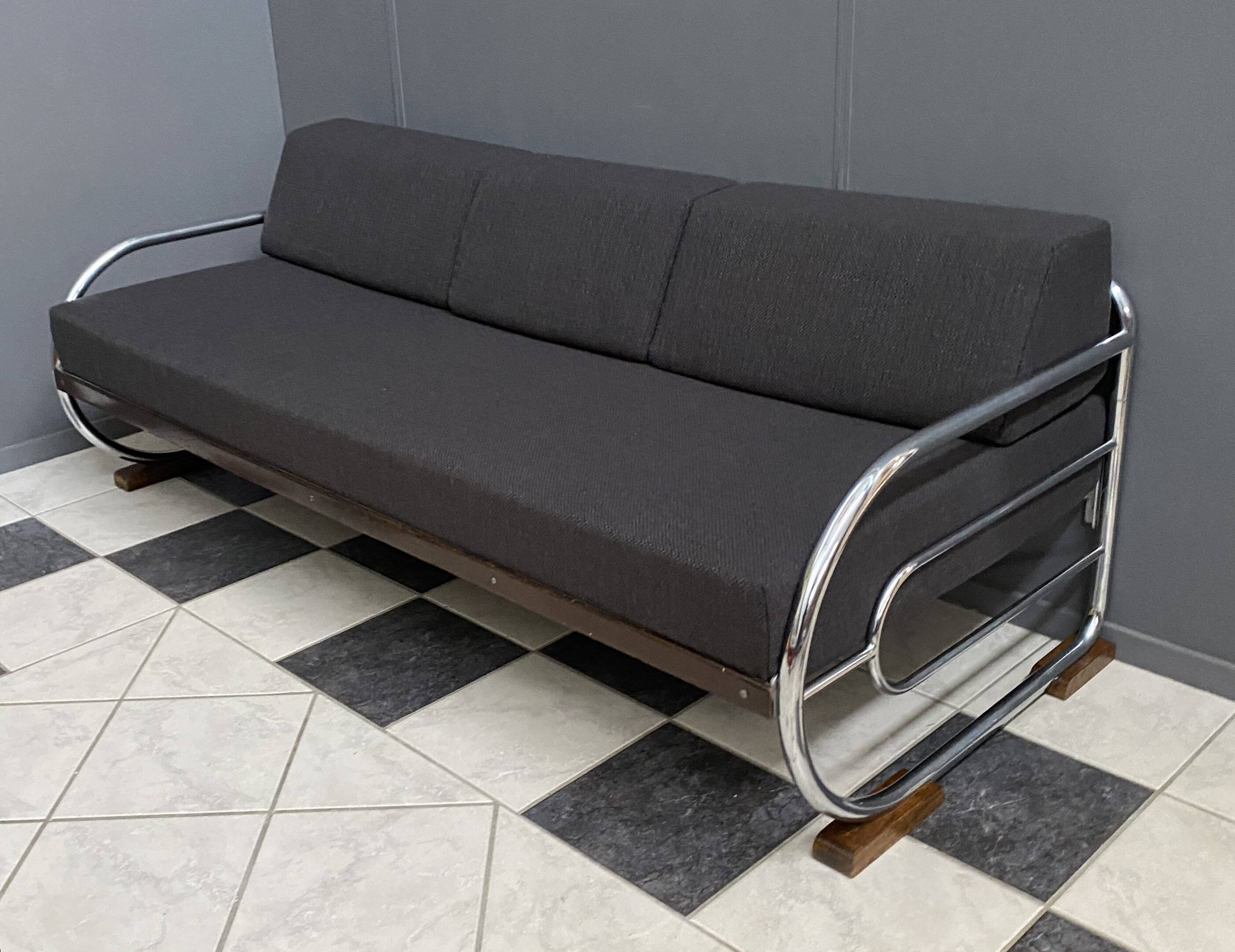 Méridienne / canapé Bauhaus chromé et noir par Hynek Gottwald