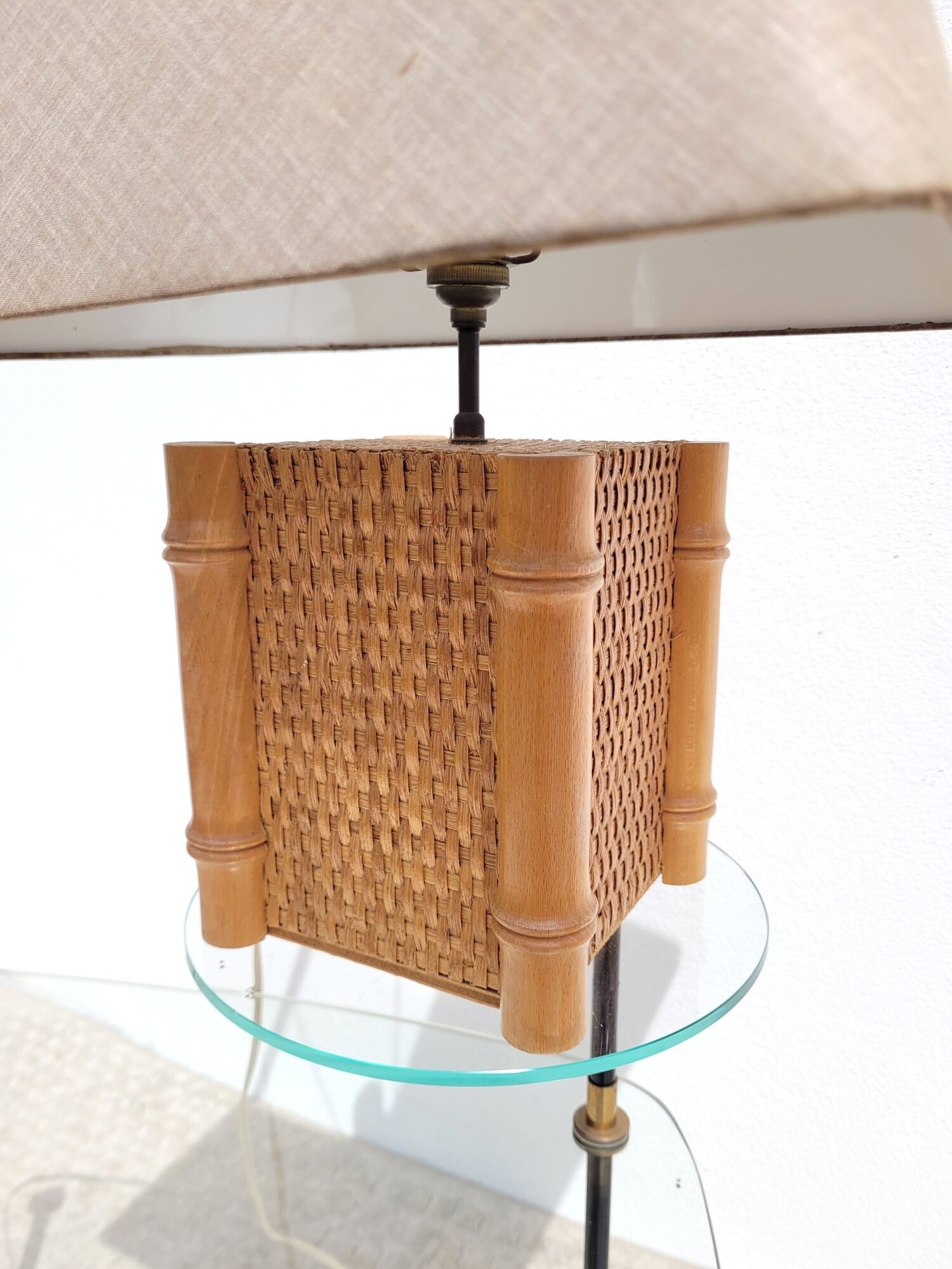Vintage lamp 1980 bamboo foot and woven lampshade