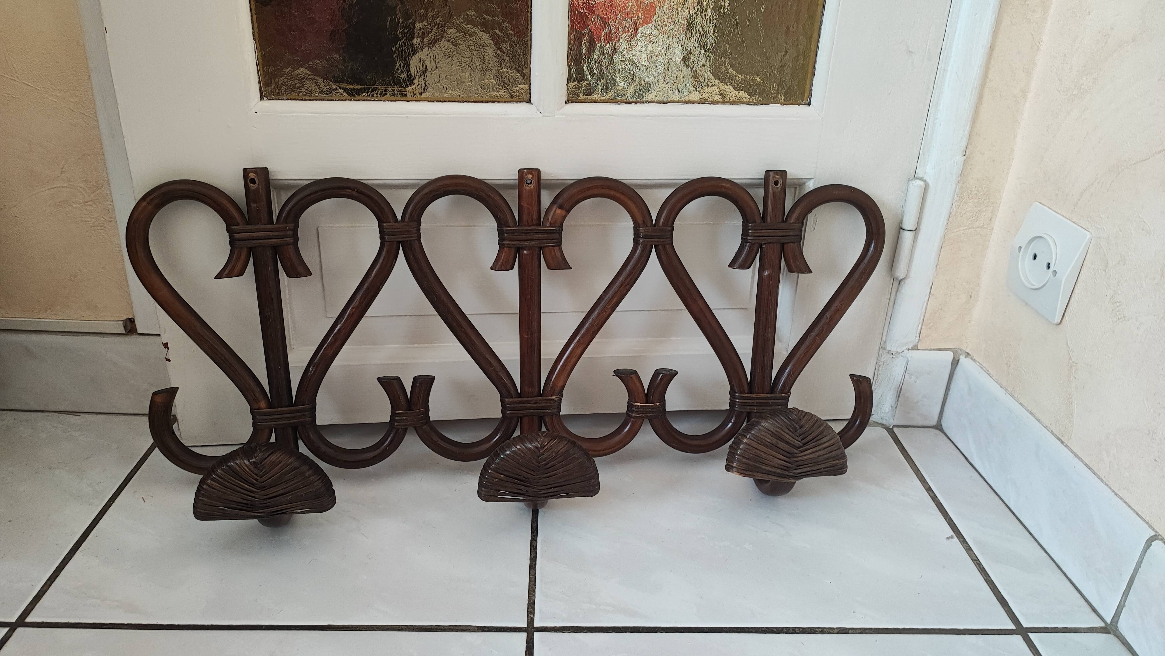 Vintage wooden rattan coat rack bamboo hat rack