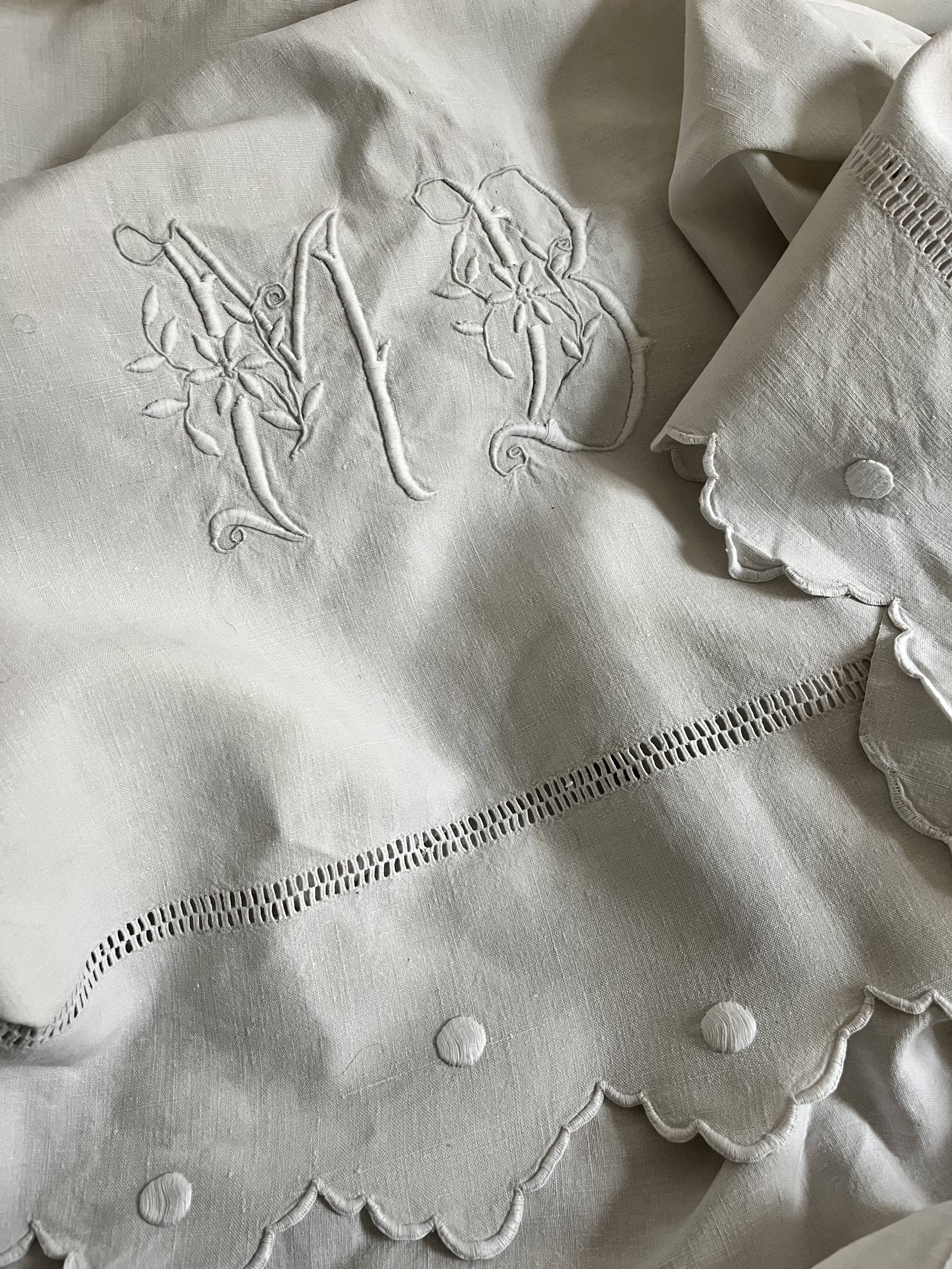 Antique linen, embroidered sheet with monogram (model 2)