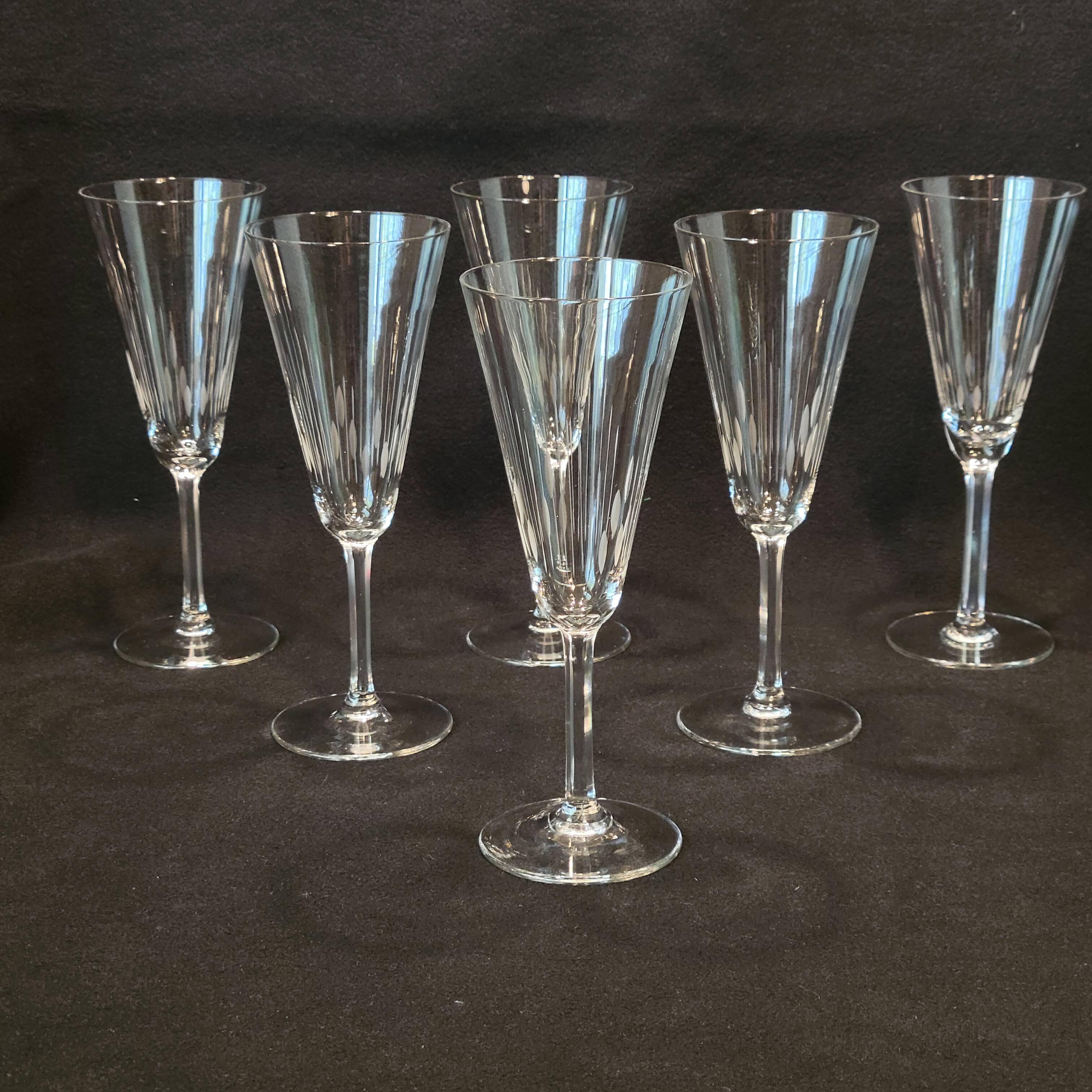 6 old cut crystal champagne flutes