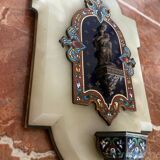 Very beautiful holy water font in cloisonné enamel on marble