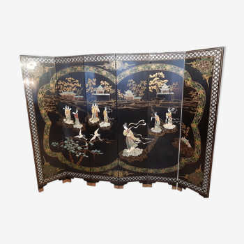 Chinese screen laqué wood and stone marquetry