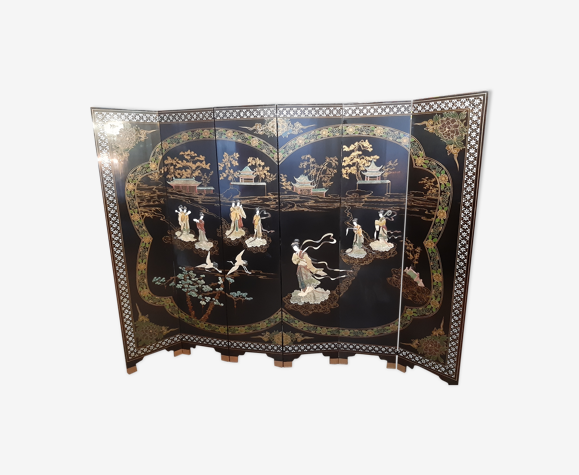 Paravent chinois bois laqué et marqueterie de pierre