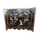 Chinese screen laqué wood and stone marquetry
