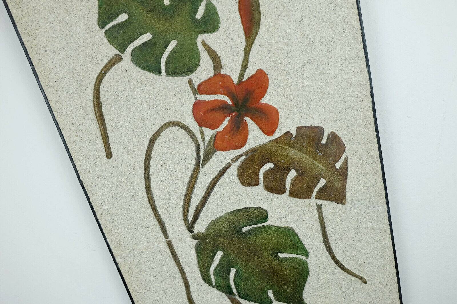 Mid century ceramic and plaster wall tile floral decor leaves and blossoms 1950s wgp