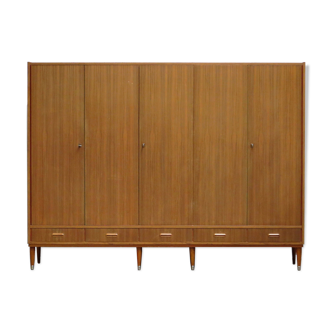 Mid century modern Teak design Wardrobe on 8 wooden legs with 5 doors & drawers, 1950s-1960s