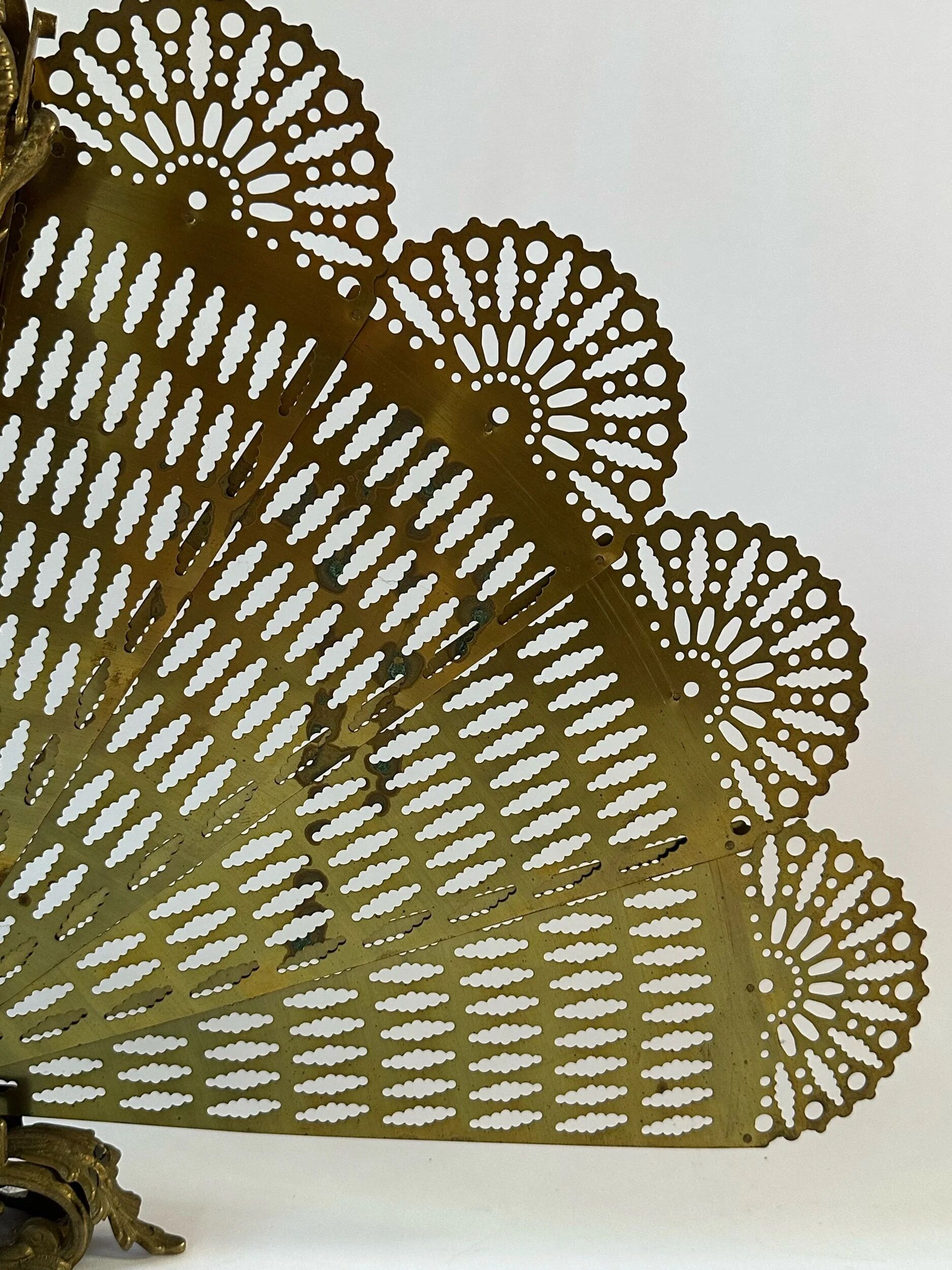 Vintage French brass fire screen, peacock design, 20th century.