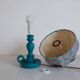 Small old candlestick lamp with hand-stitched flowered lampshade