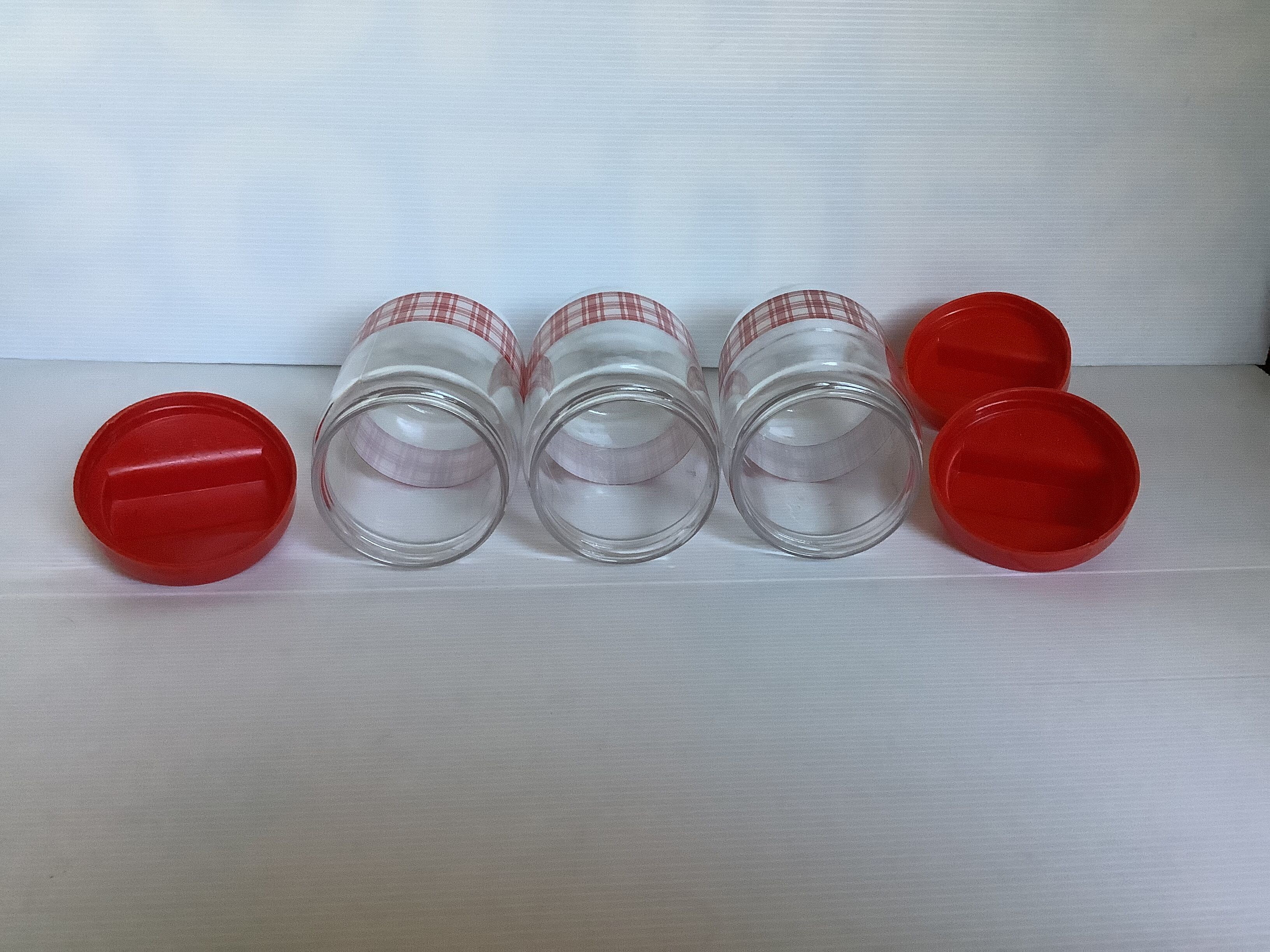 3 jars red and white dish towel pattern