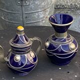 Vase and small teapot in cobalt blue enameled ceramic with artisanal and oriental pewter inserts