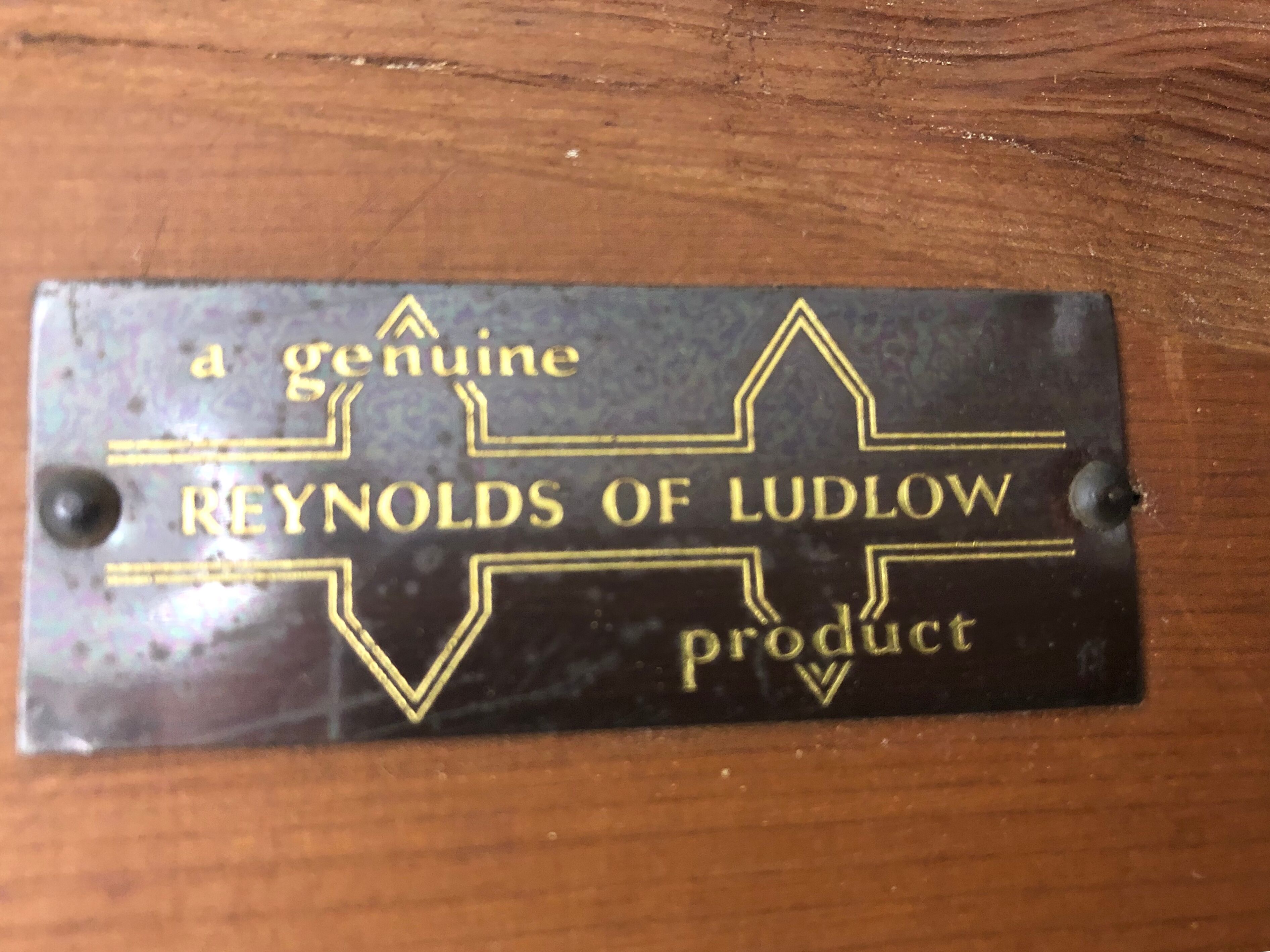 Wooden yew timbered bench stamped Reynolds of Ludlow, circa 1960