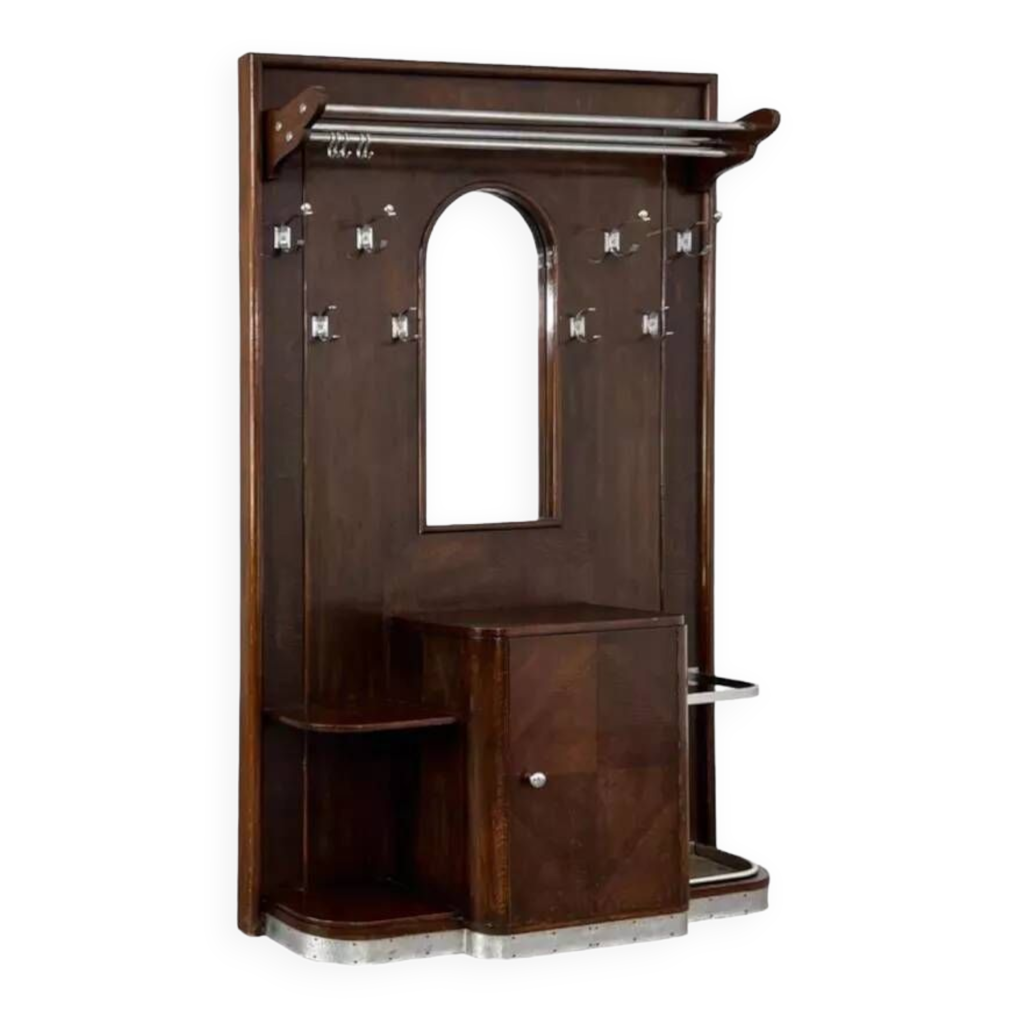 Art deco cloakroom coat rack in wood, mirror and chrome metal