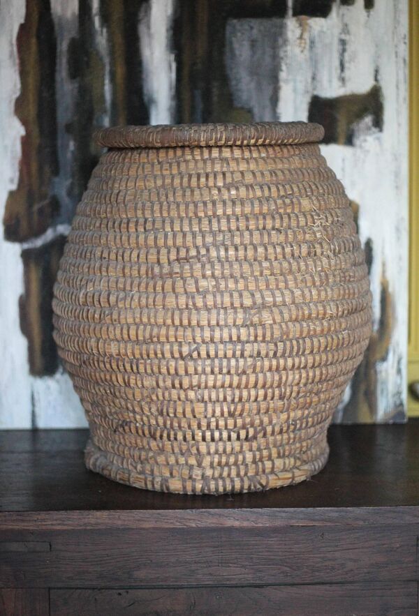 Panier ancien avec couvercle, bourgne paille et ronce, panier tressé, décor