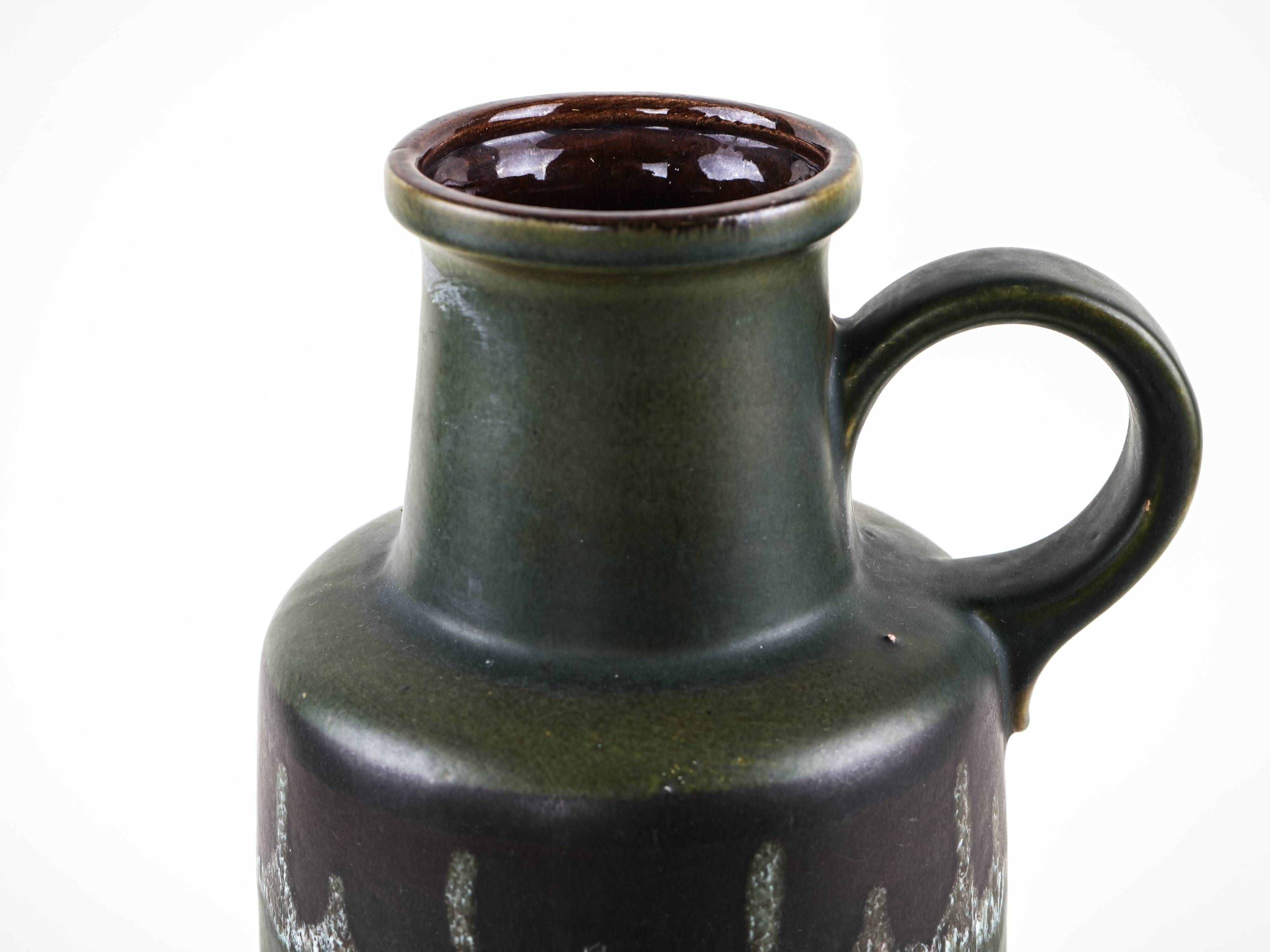 Fat lava ceramic vase with handle, green glaze, West Germany, 1970s