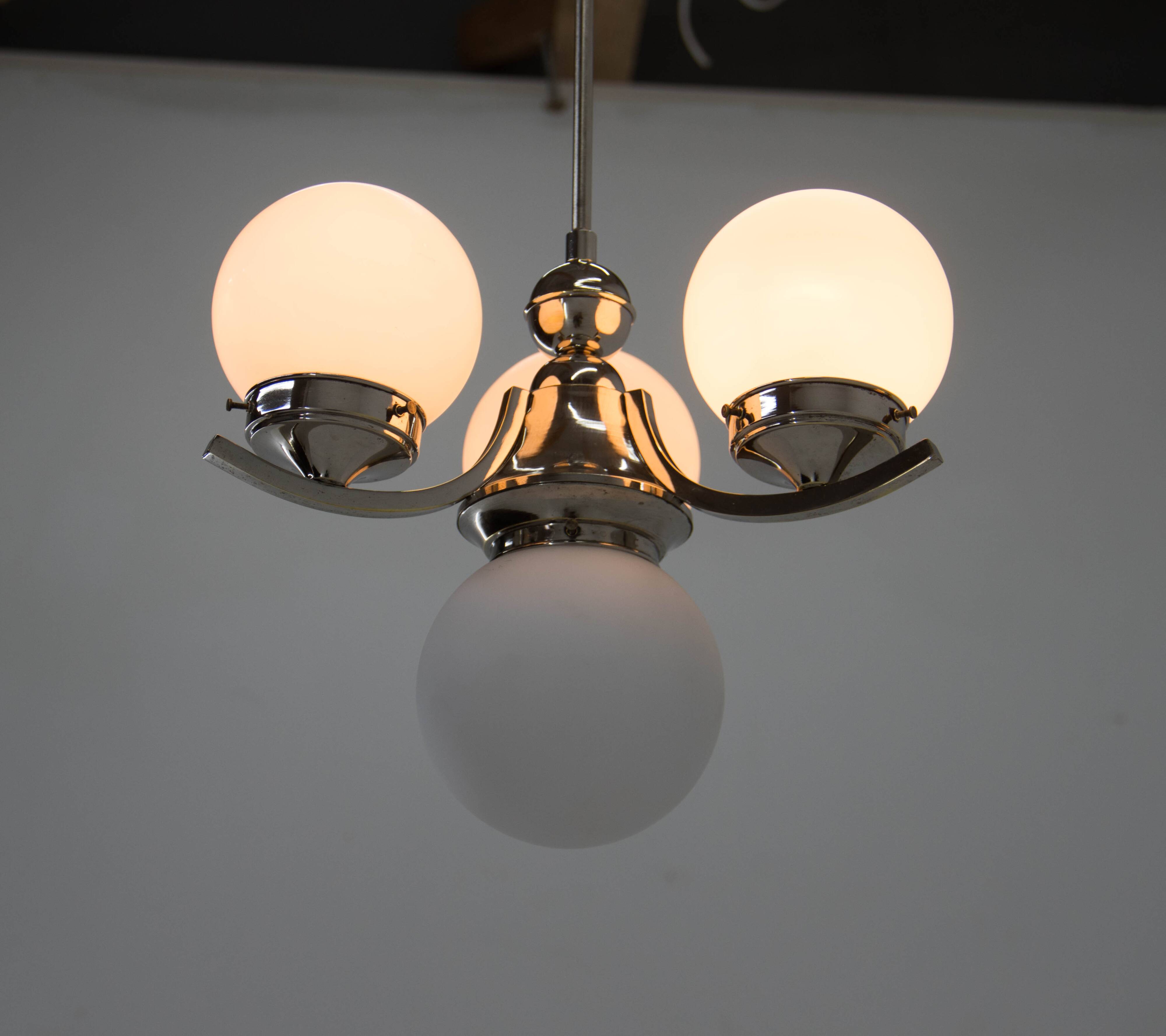 Art deco nickel and glass chandelier, 1930s