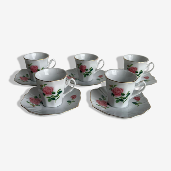 Set of 5 porcelain coffee cups with rose patterns