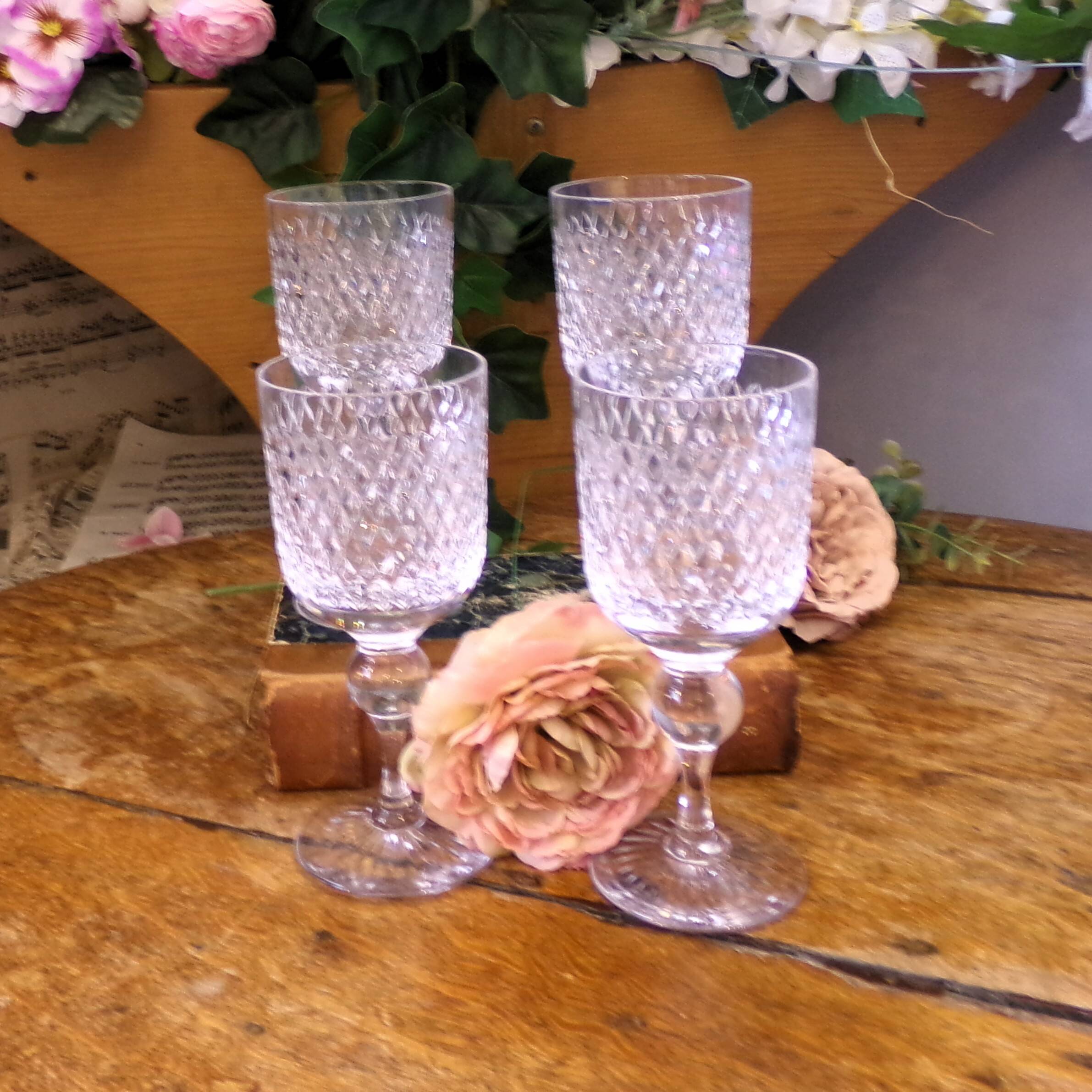Vintage cut crystal wine or water glasses Set of 4 stemmed glasses