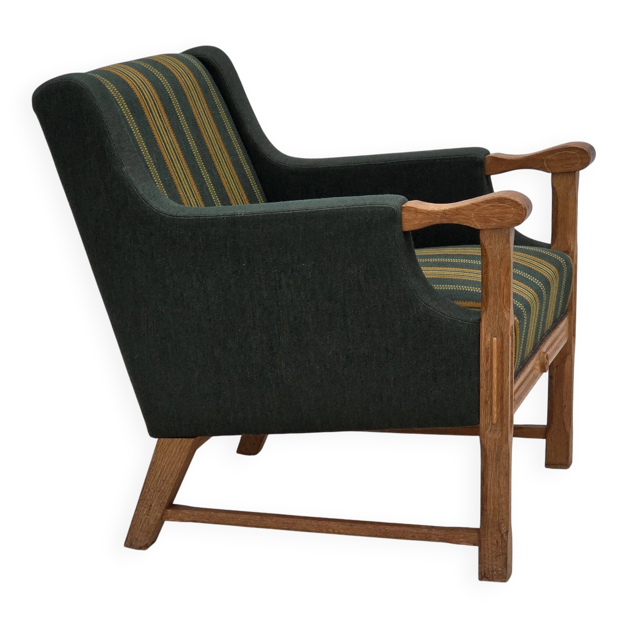 1970s, Danish armchair, green furniture wool, solid oak wood.
