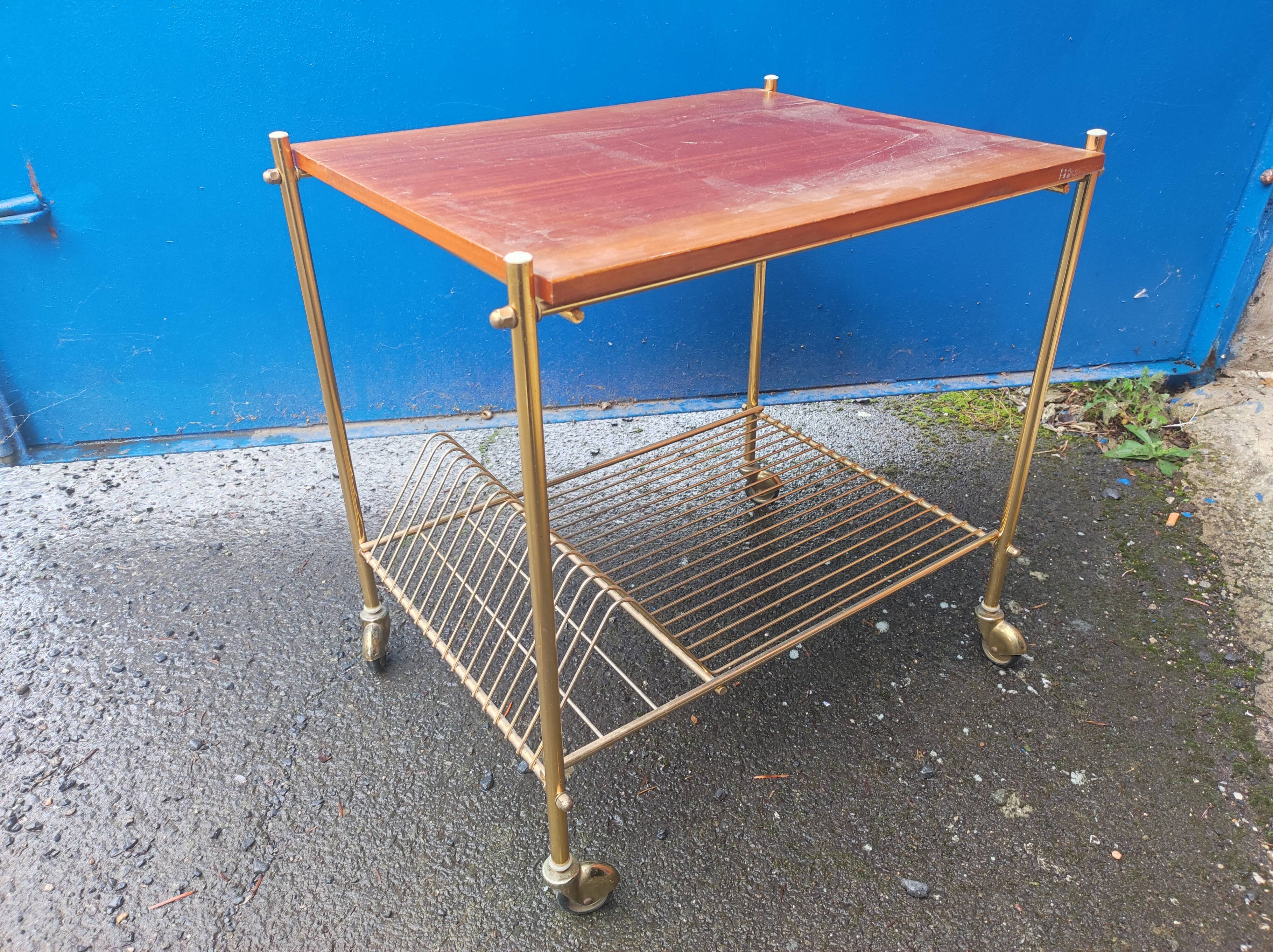 Serving table with wheels vinyl record holder steel file gilded wood vintage