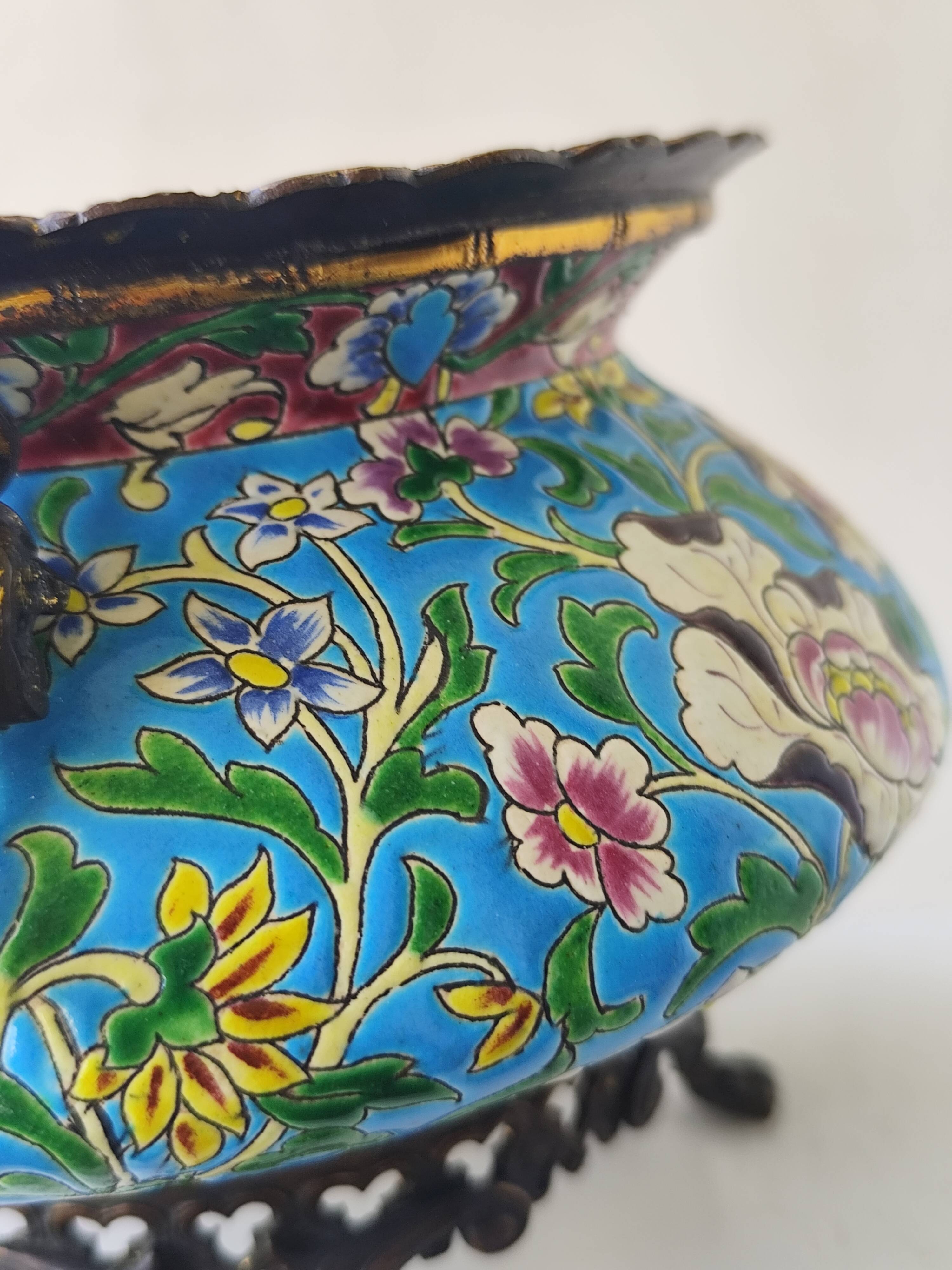 Antique jardinière ceramic enamel Longwy with bronze mount elephant head
