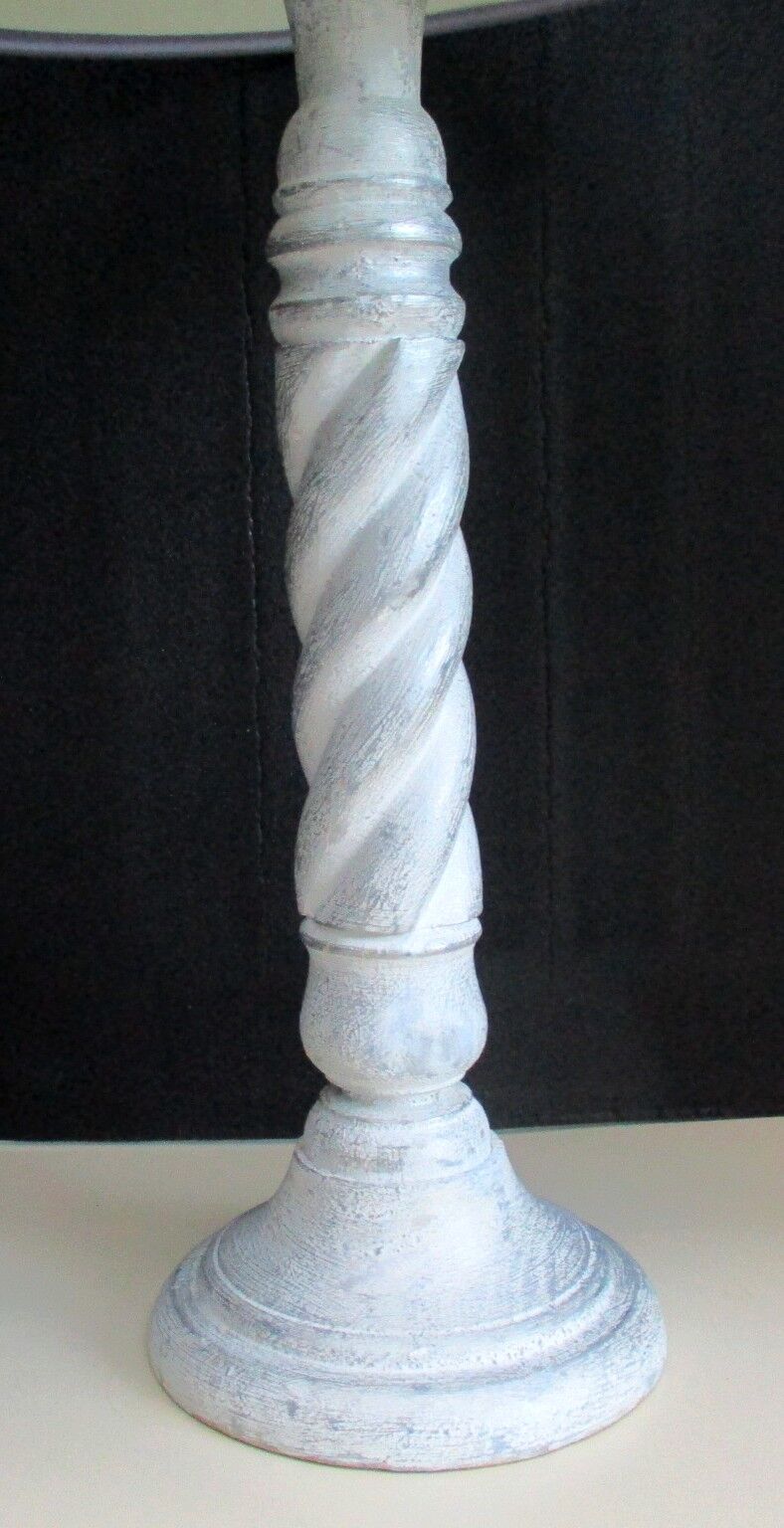 White and grey wooden foot-laying lamp, grey lampshade