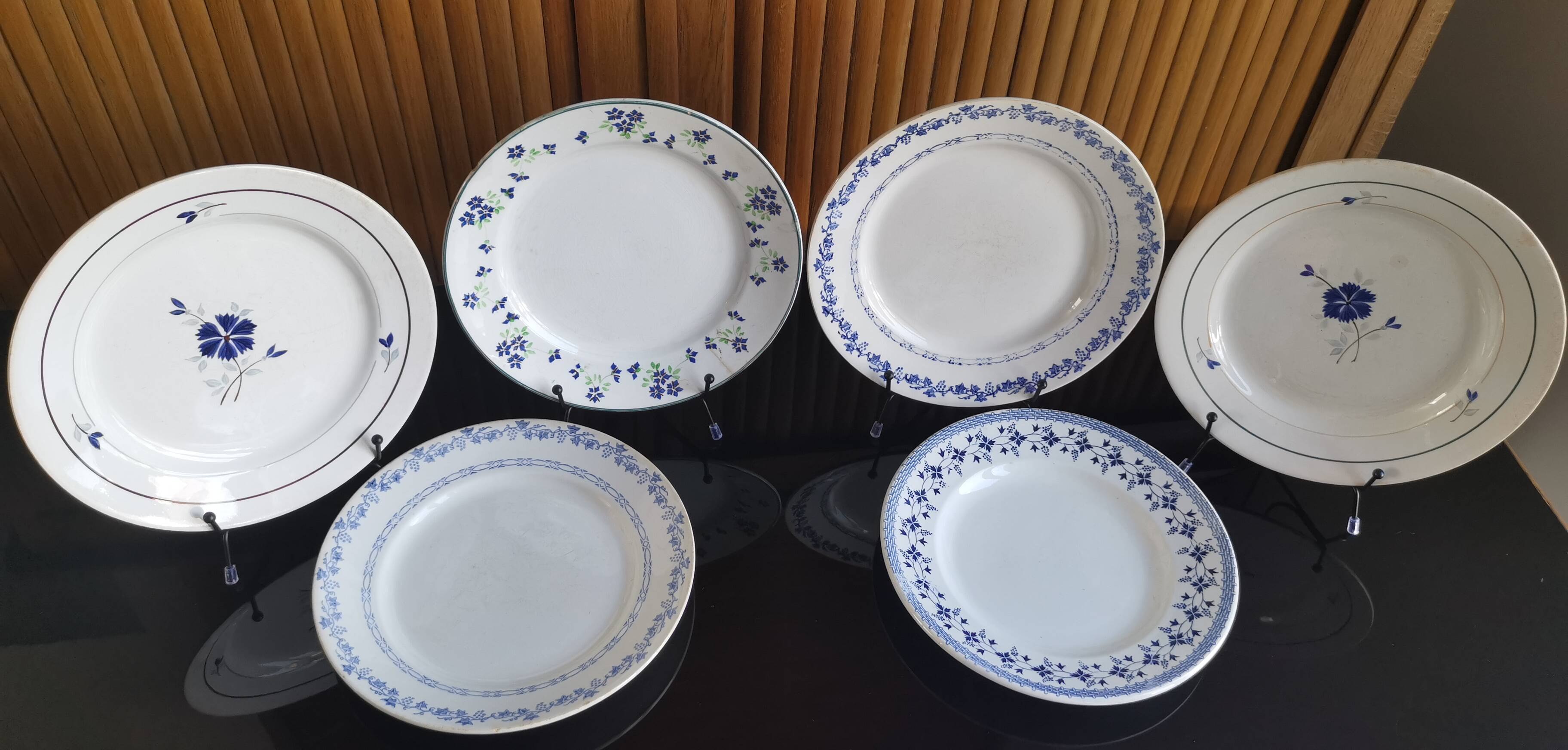 6 assiettes anciennes dépareillées bleues et blanches, St Amand, Moulin des Loups