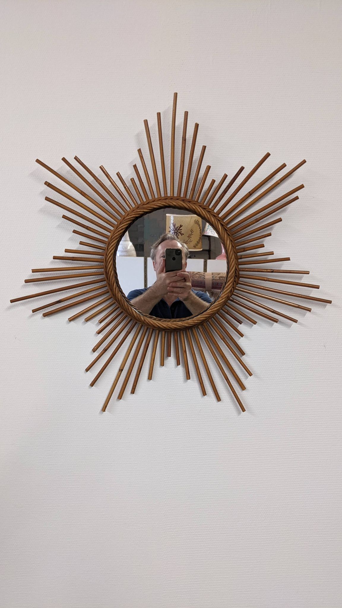 XL starry sun mirror in rattan, France around 1970