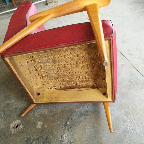 Fauteuil vintage piétement compas skaï rouge