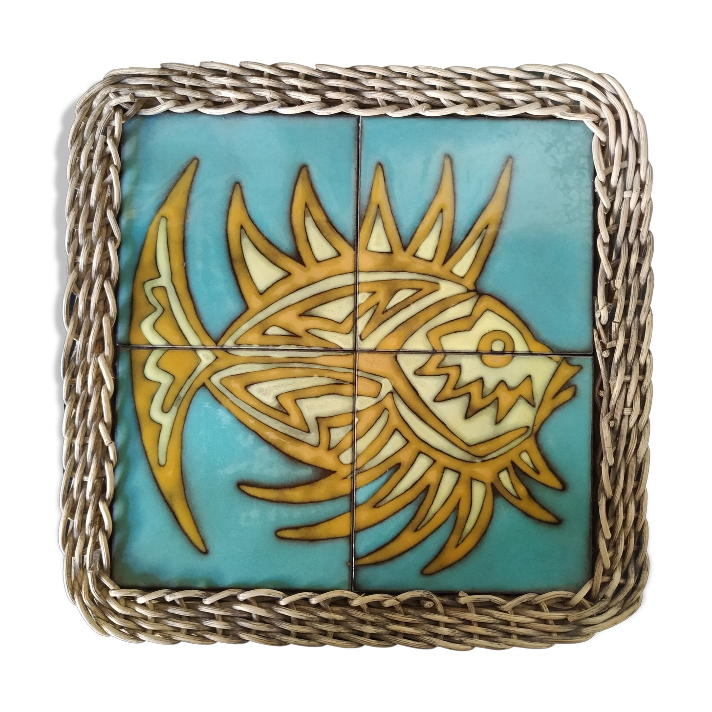 Under ceramic dish and rattan