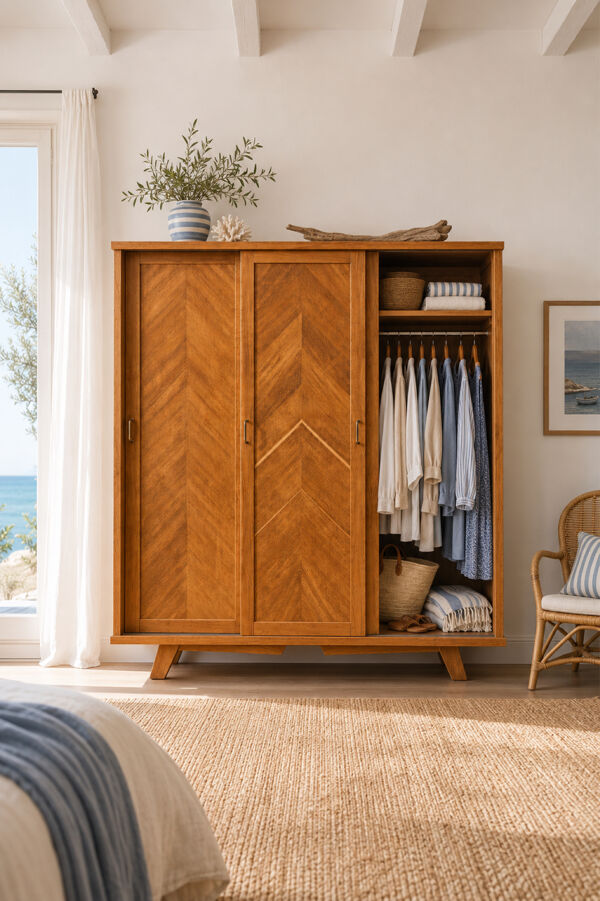 Armoire parisienne penderie porte coulissante chêne brut massif 1960