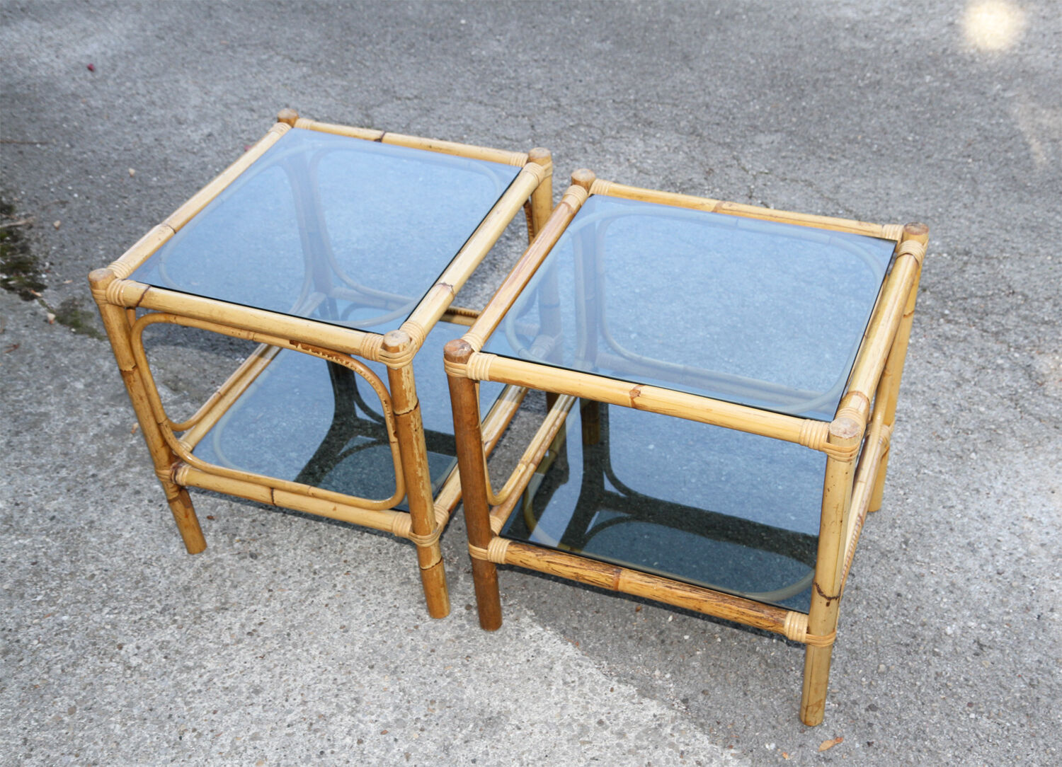 Pair of bamboo and smoked glass vintage bedside tables