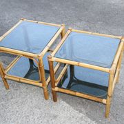 Pair of bamboo and smoked glass vintage bedside tables