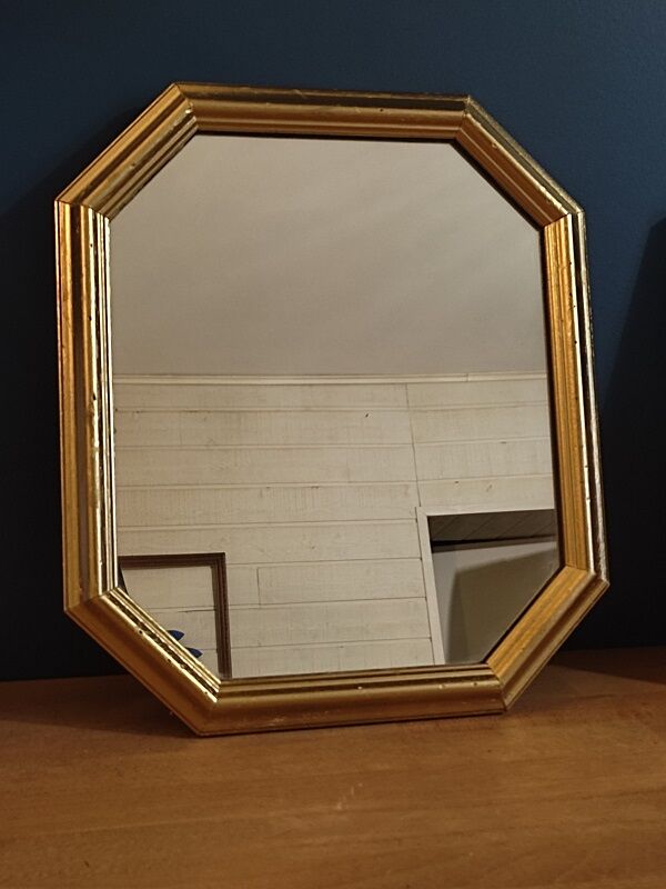 Hexagonal mirror golden carved solid wood frame