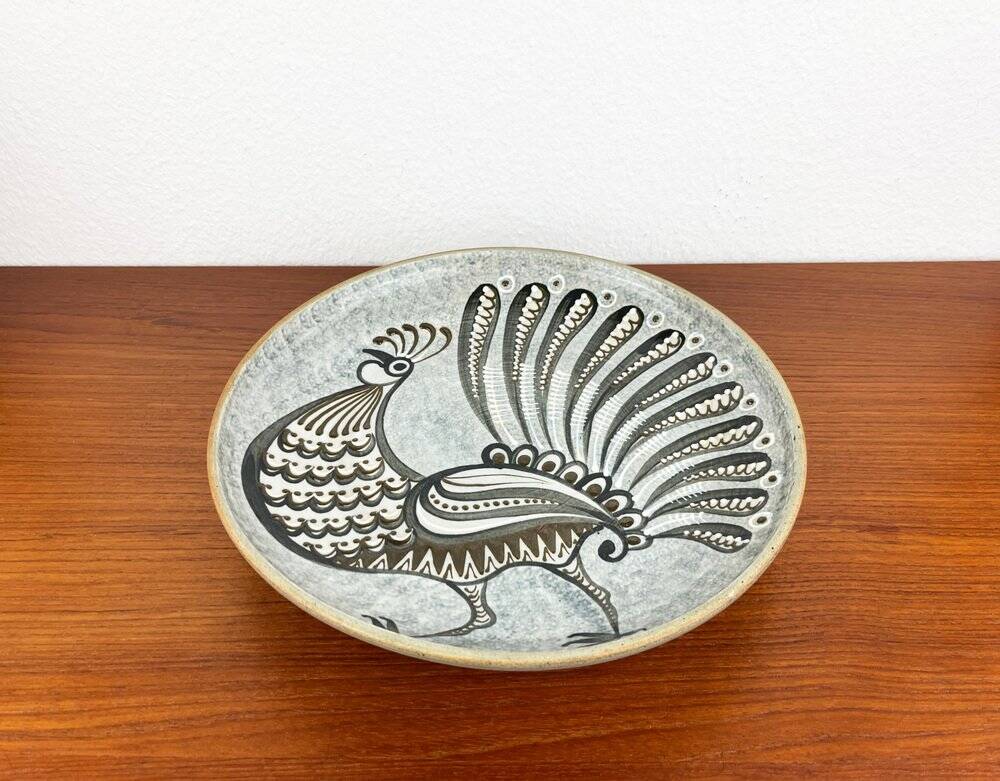 Vintage wall plate in West German pottery with rooster design, 1970s.