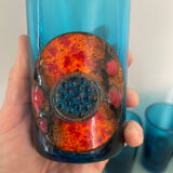 Six blue blown glass and enamel on copper glasses.