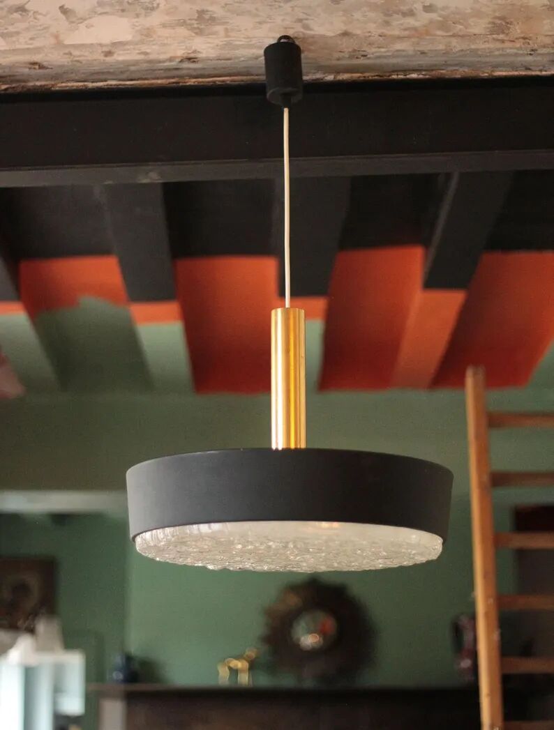 Jean Gandelin suspension in black lacquered sheet metal, white metal, brass, and diffuser in Cristalux/etched Plexiglas.