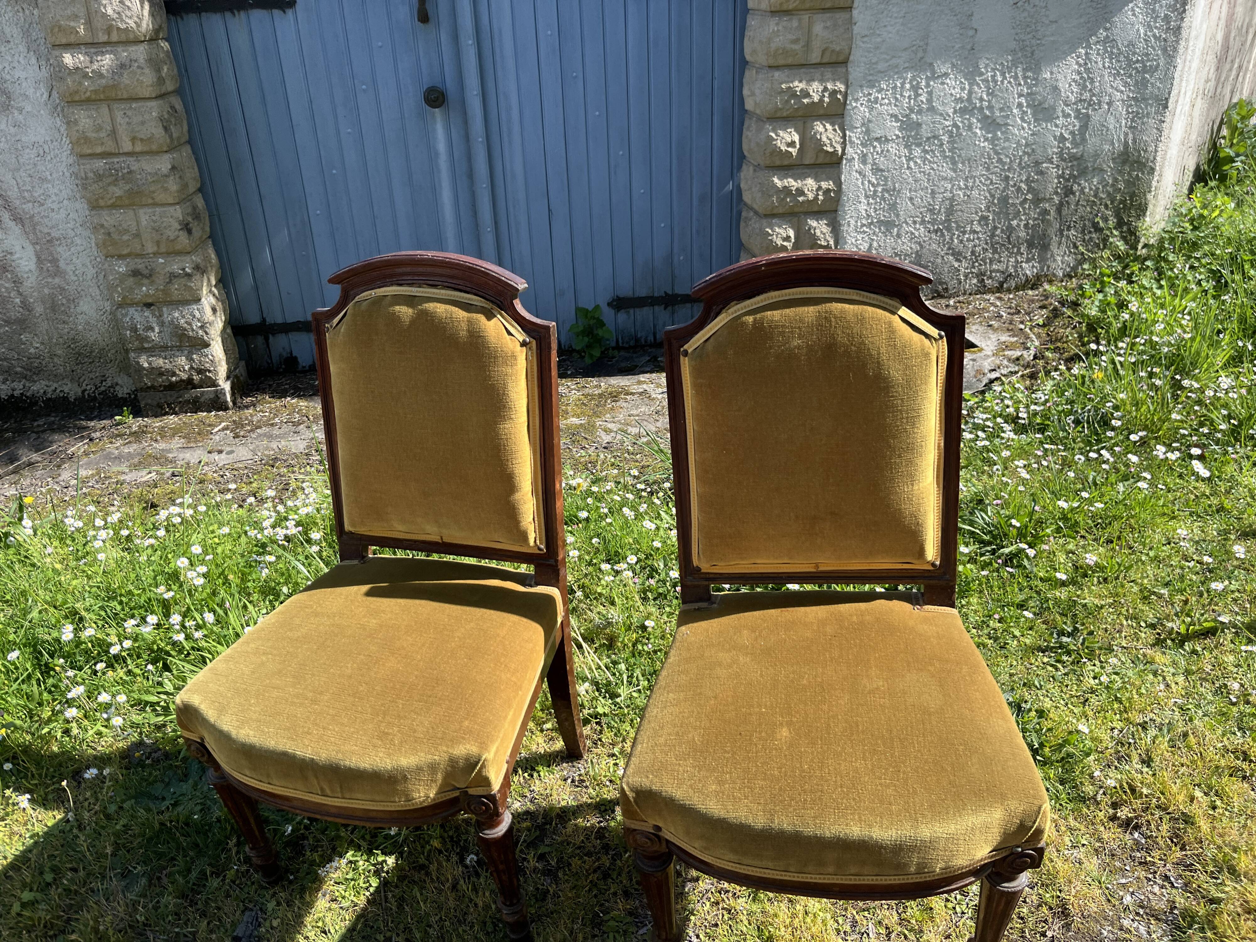 Pair of antique Louis XVI style chairs - carved wood - green velvet -