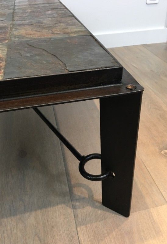 Rare coffee table in steel and wrought iron with a top made of lava stones