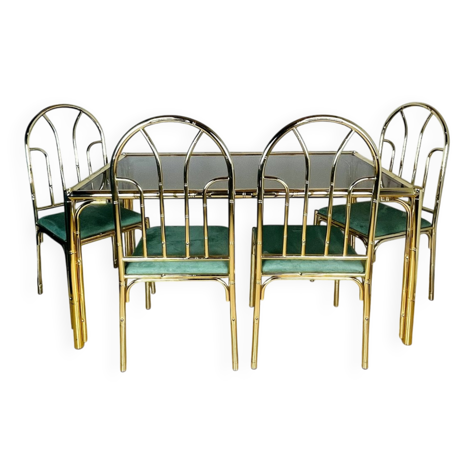 French vintage dining set in imitation bamboo brass with 4 chairs and table, 1970s, set of 5.