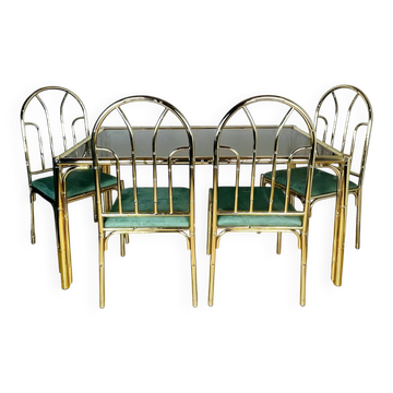 Ensemble vintage de salle à manger français en laiton imitation bambou avec 4 chaises et table, années 1970, set de 5