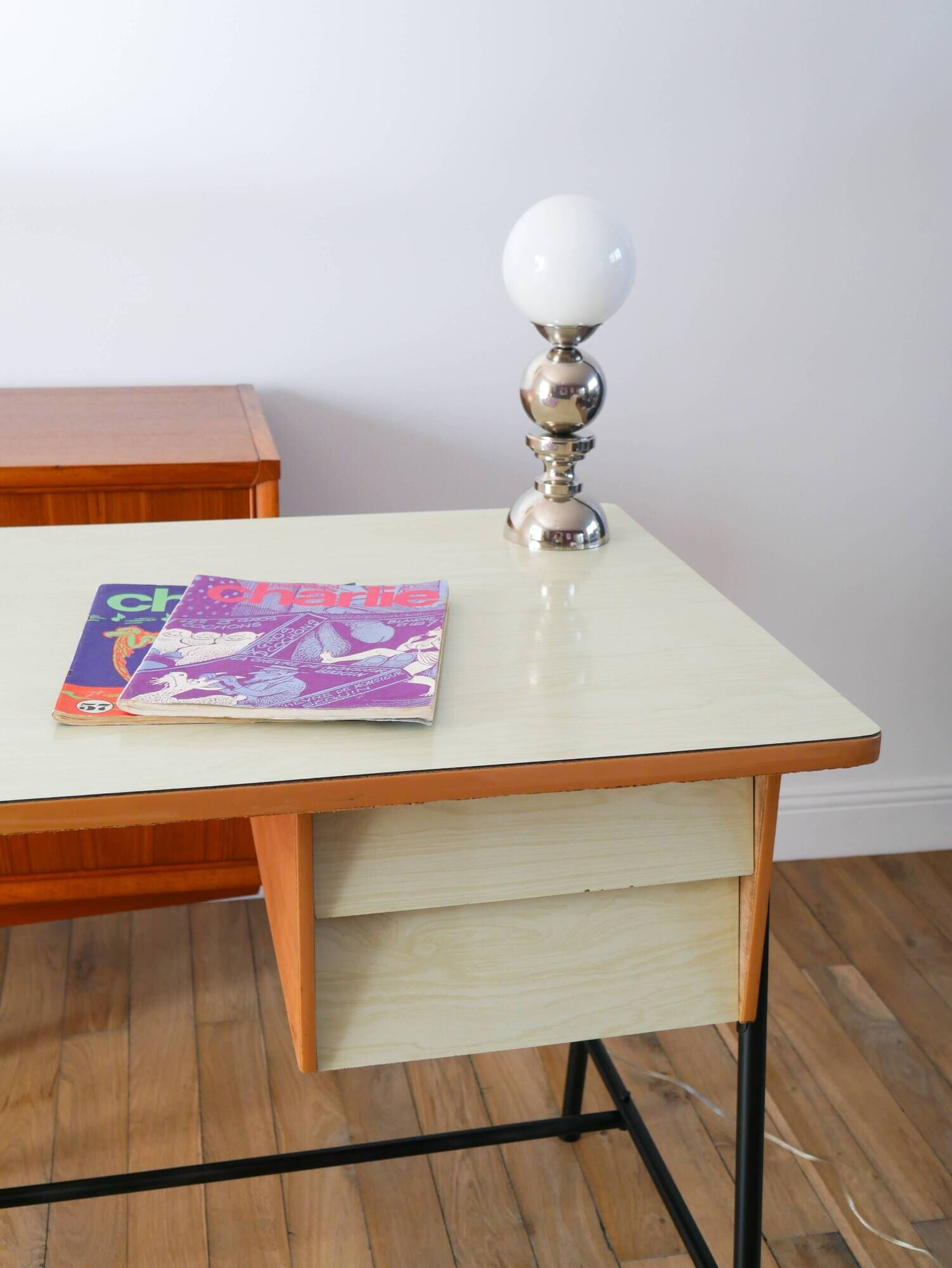 Formica, beech and black metal desk, Modernist Design, 1960