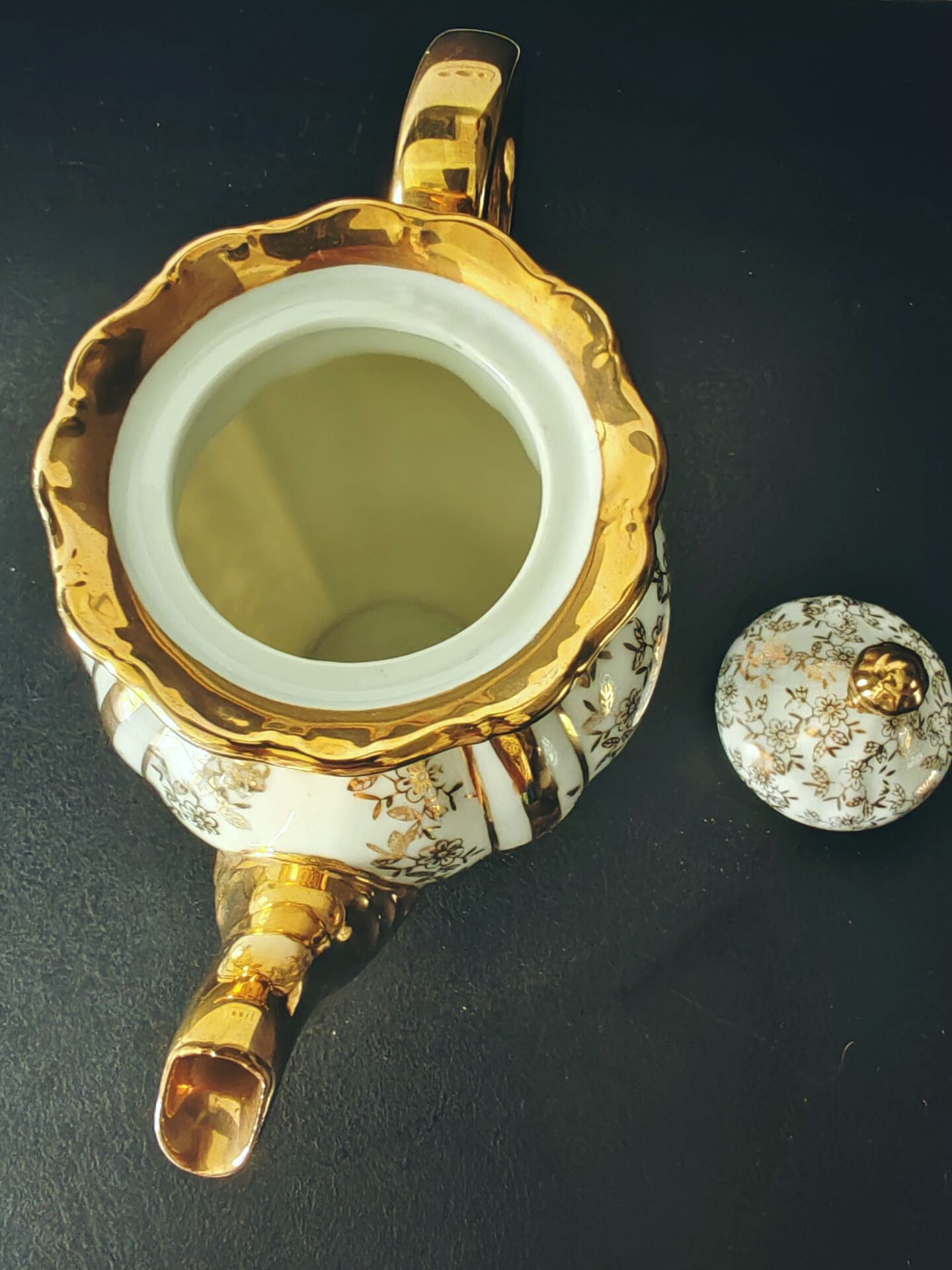 Antique Teapot in White and Gold Porcelain Baroque Style