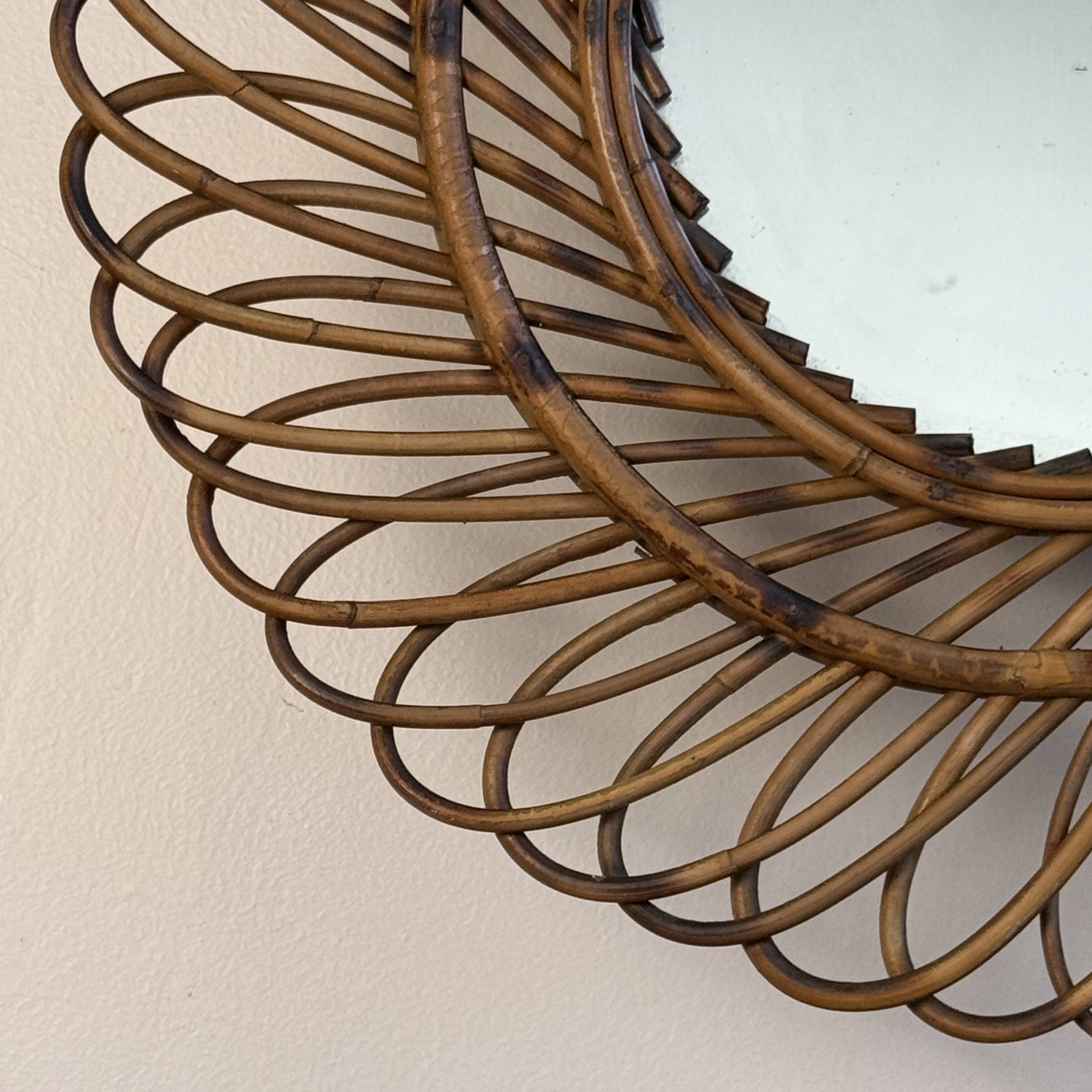 Round rattan mirror from the 1950s France