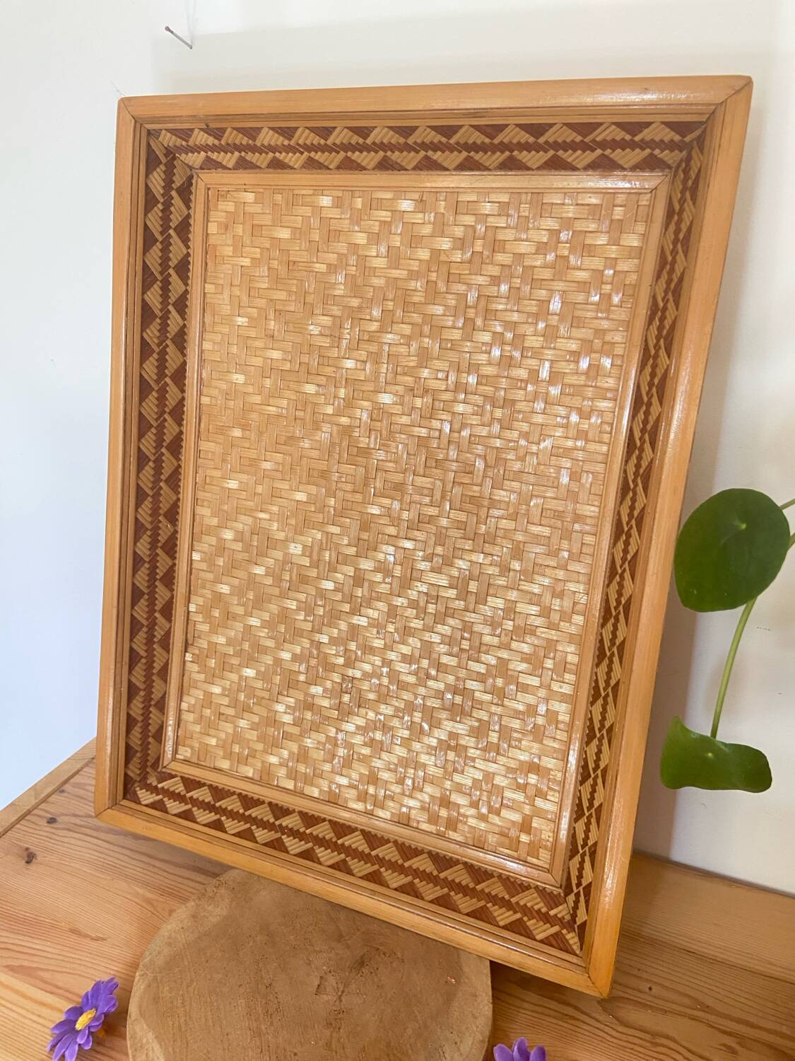 Vintage antique rectangular woven wicker tray