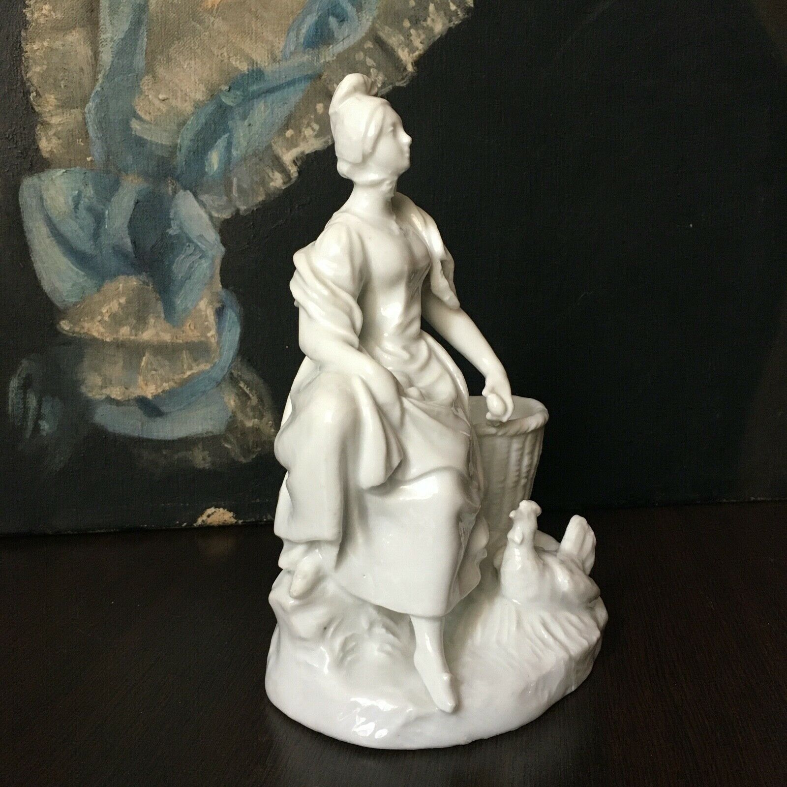Vase Subject White Porcelain Young Woman at the Chicken