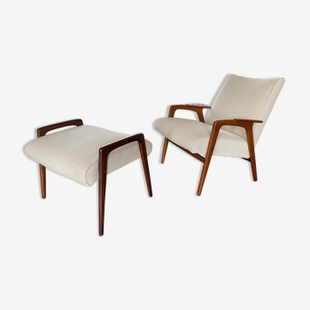 Scandinavian vintage Ruster chair with stool by Swedish designer Yngve Ekström for Pastoe, 60s