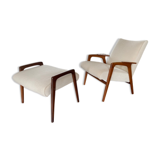 Scandinavian vintage Ruster chair with stool by Swedish designer Yngve Ekström for Pastoe, 60s