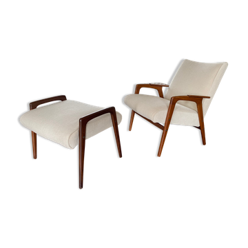 Fauteuil scandinave vintage Ruster avec tabouret du designer suédois Yngve Ekström pour Pastoe, années 60
