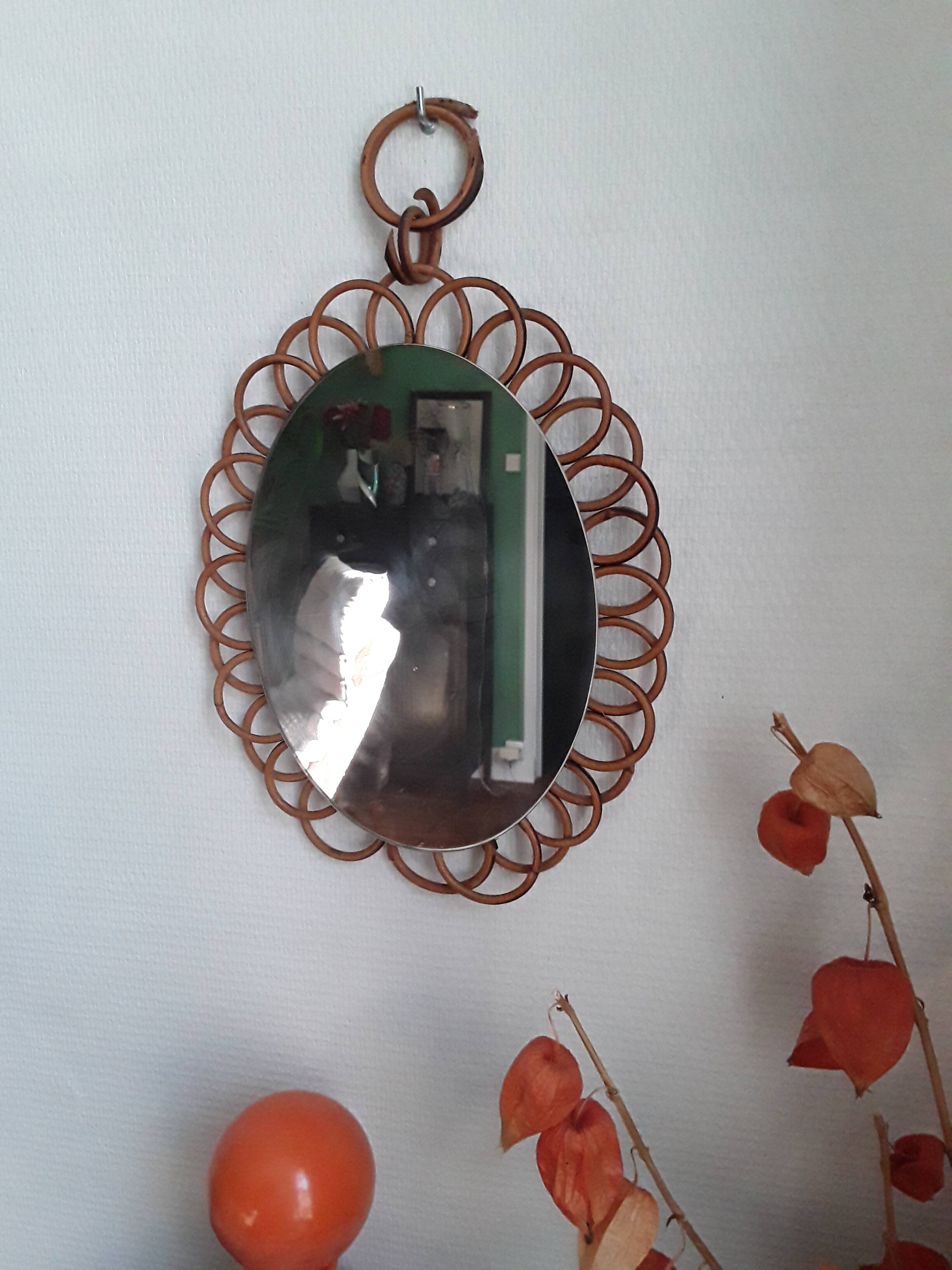 Miroir marguerite vintage en rotin